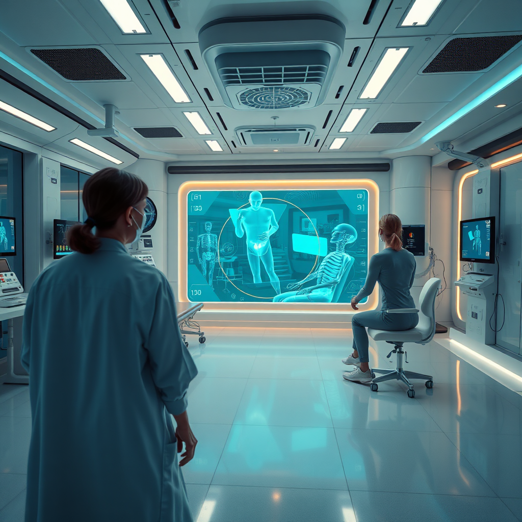 A futuristic physiotherapy lab where holographic projections are used to guide patients through rehabilitation exercises. The setting is a high-tech, sterile environment with advanced monitoring equipment. Focus should be on the innovative technology and its integration with patient care. Lighting should be cool and clinical. Color palette: Silvers, blues, and greens. Camera angle: Wide shot, emphasizing the advanced technology. Style reference: Science fiction, futuristic medicine. Technical specs: 4K, High quality.