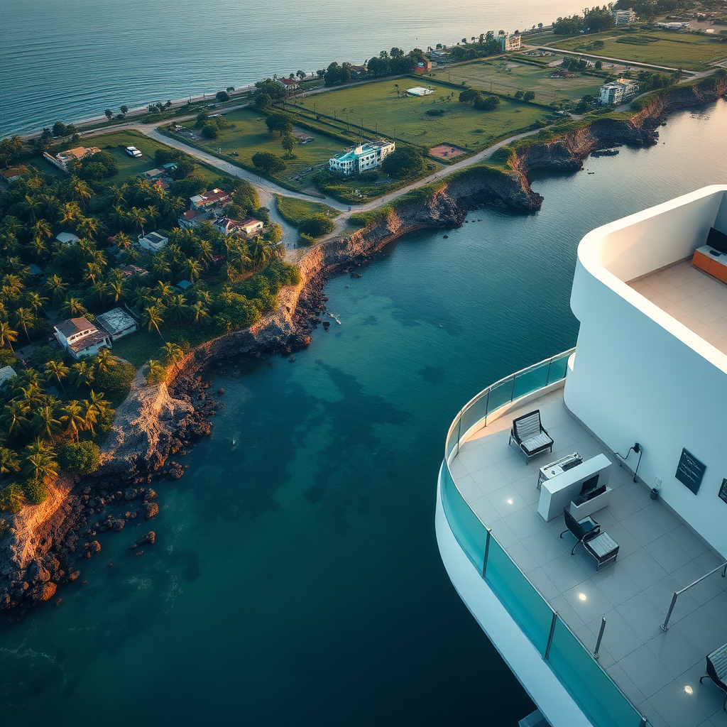 An aerial view of the Visakhapatnam coastline merging with a modern physiotherapy clinic, subtly representing the location and expertise. The focus should be on blending the local identity with the medical setting. Lighting should be bright and welcoming. Color palette: Coastal blues and greens, with professional whites and grays. Camera angle: High-angle, blending landscape with interior. Style: Modern, location-specific medical imagery. Technical Specs: 4K, High-quality.